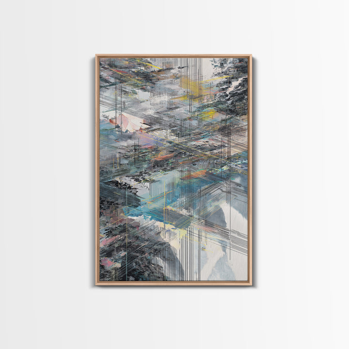Layered City Grid Canvas Print, Abstract Urban Skyline, Modern Geometric Wall Decor, Blue Gray Office Art Gift, Large Home Decor