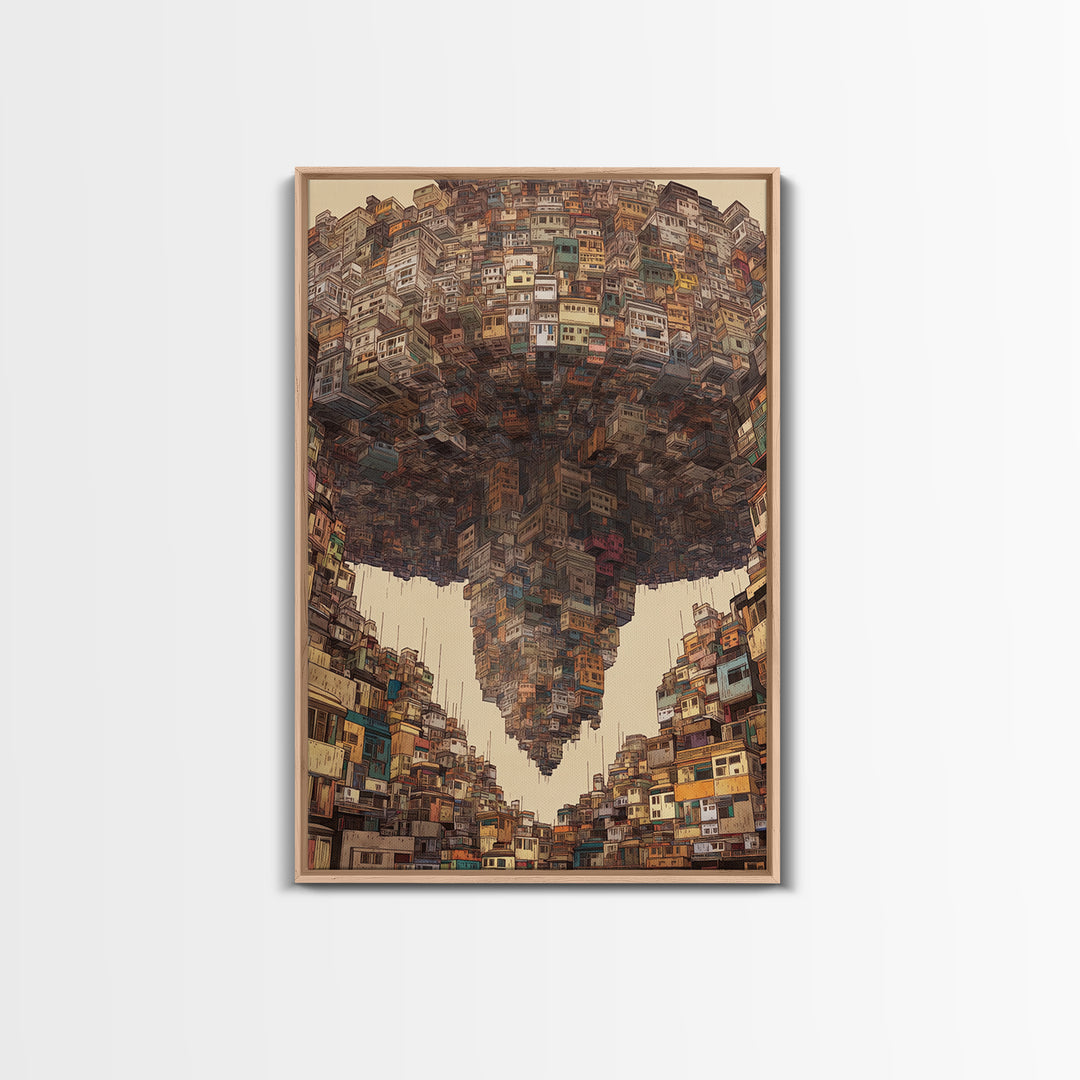 Inverted Megacity Wall Art, Surreal Urban Architecture, Modern Black Art Decor, Statement Canvas Print For Living Room Decor