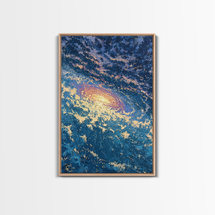 Blue Galaxy Vortex Wall Art, Swirling Cosmic Abstract, Gold Starry Canvas Print, Dreamy Luxury Decor Gift For Home Office