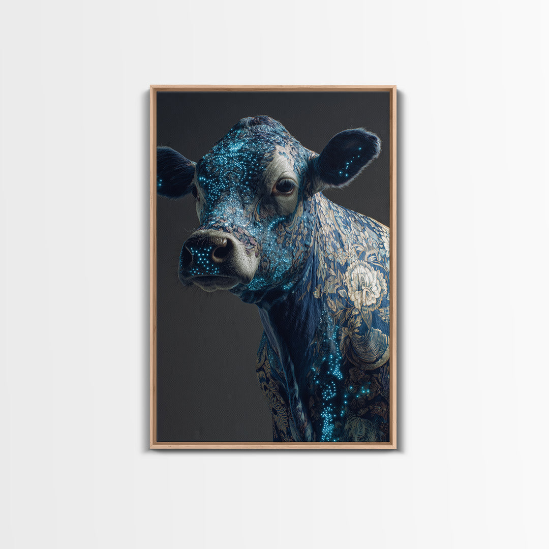 Blue Floral Cow Portrait Framed Canvas Print, Ornate Animal Wall Decor, Farmhouse Painting, Luxury Modern Home Decor Gift