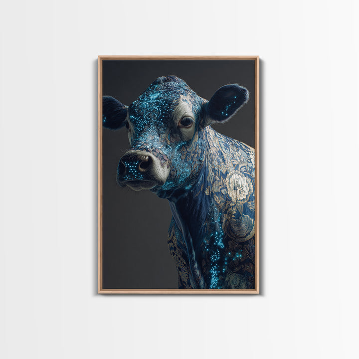 Blue Floral Cow Portrait Framed Canvas Print, Ornate Animal Wall Decor, Farmhouse Painting, Luxury Modern Home Decor Gift
