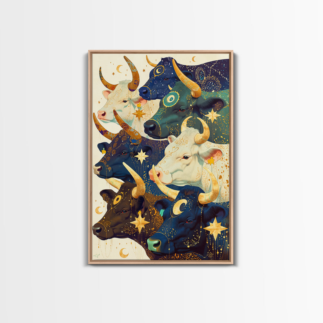 Celestial Herd Of Moonlit Cows Wall Art, Mystical Animal Canvas Print, Colorful Farm Decor, Whimsical Stars And Moons Poster