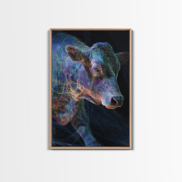 Neon Rainbow Cow Portrait Canvas Print, Abstract Animal Wall Decor, Electric Blue Farmhouse Art, Modern Black Home Decor