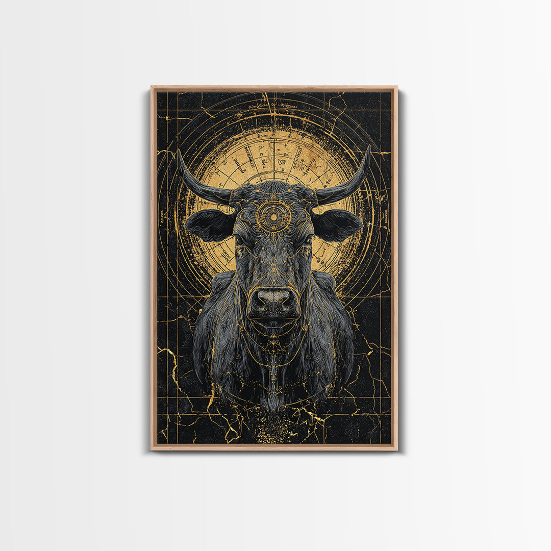 Sacred Black And Gold Bull Framed Canvas Print, Geometric Animal Wall Art, Mystical Farm Decor, Dramatic Statement Piece
