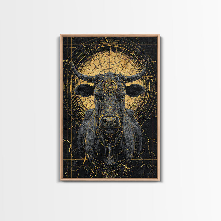 Sacred Black And Gold Bull Framed Canvas Print, Geometric Animal Wall Art, Mystical Farm Decor, Dramatic Statement Piece