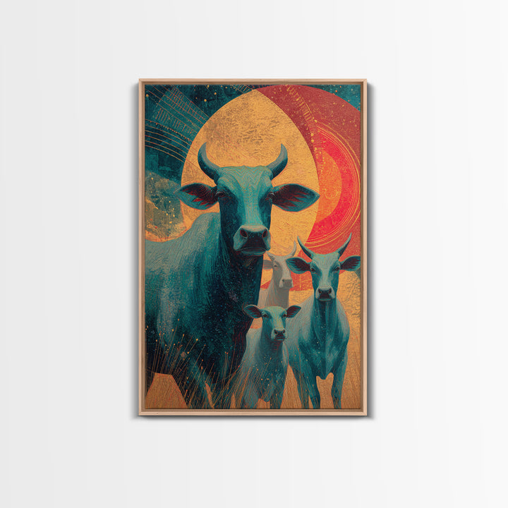 Retro Teal Cattle Family Canvas Print, Orange Sun Animal Wall Decor, Southwestern Farm Painting, Bold Living Room Art Gift