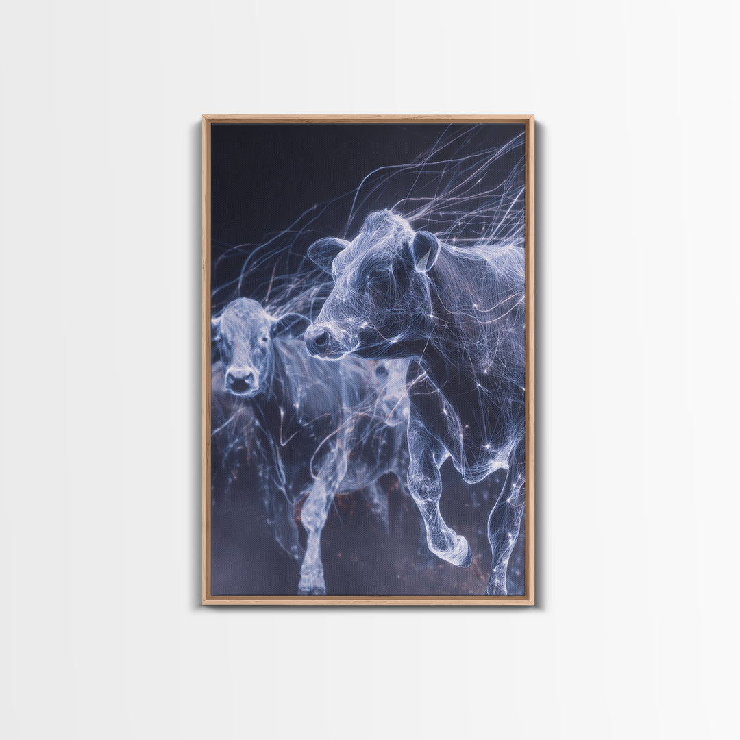 Glowing Running Cows Wall Art, Ethereal Blue Animal Canvas Print, Motion Study Farm Decor, Dreamy Modern Statement Piece