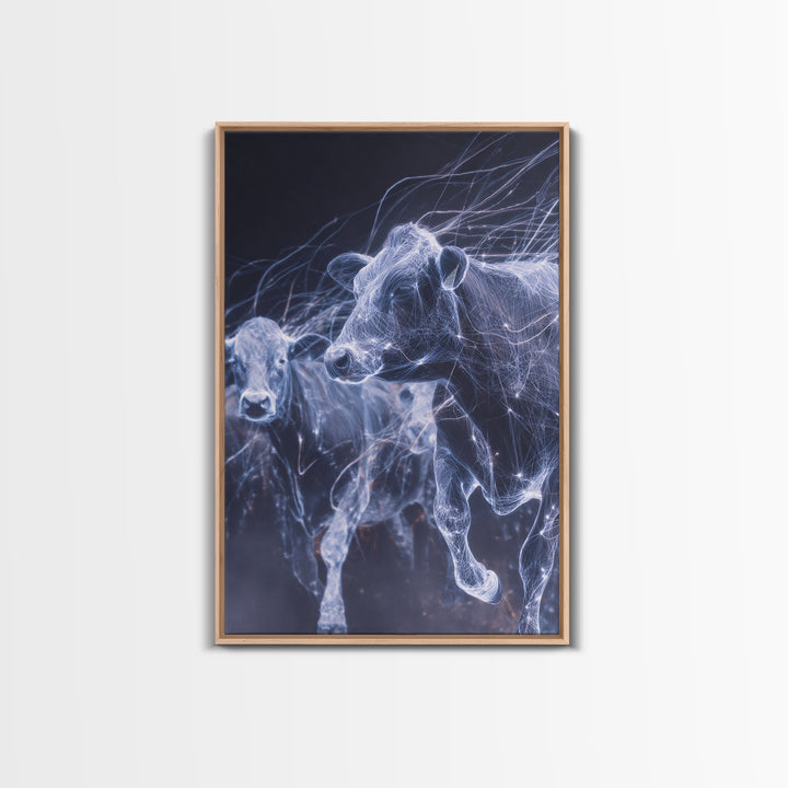 Glowing Running Cows Wall Art, Ethereal Blue Animal Canvas Print, Motion Study Farm Decor, Dreamy Modern Statement Piece