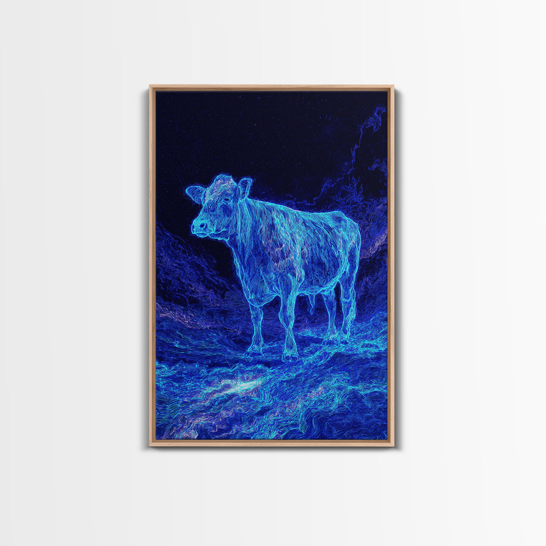 Electric Blue Cow Landscape Canvas Print, Neon Animal Wall Art, Mystical Night Farm Decor, Modern Nature Scene Painting Gift