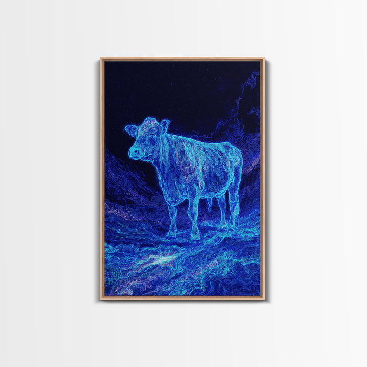 Electric Blue Cow Landscape Canvas Print, Neon Animal Wall Art, Mystical Night Farm Decor, Modern Nature Scene Painting Gift