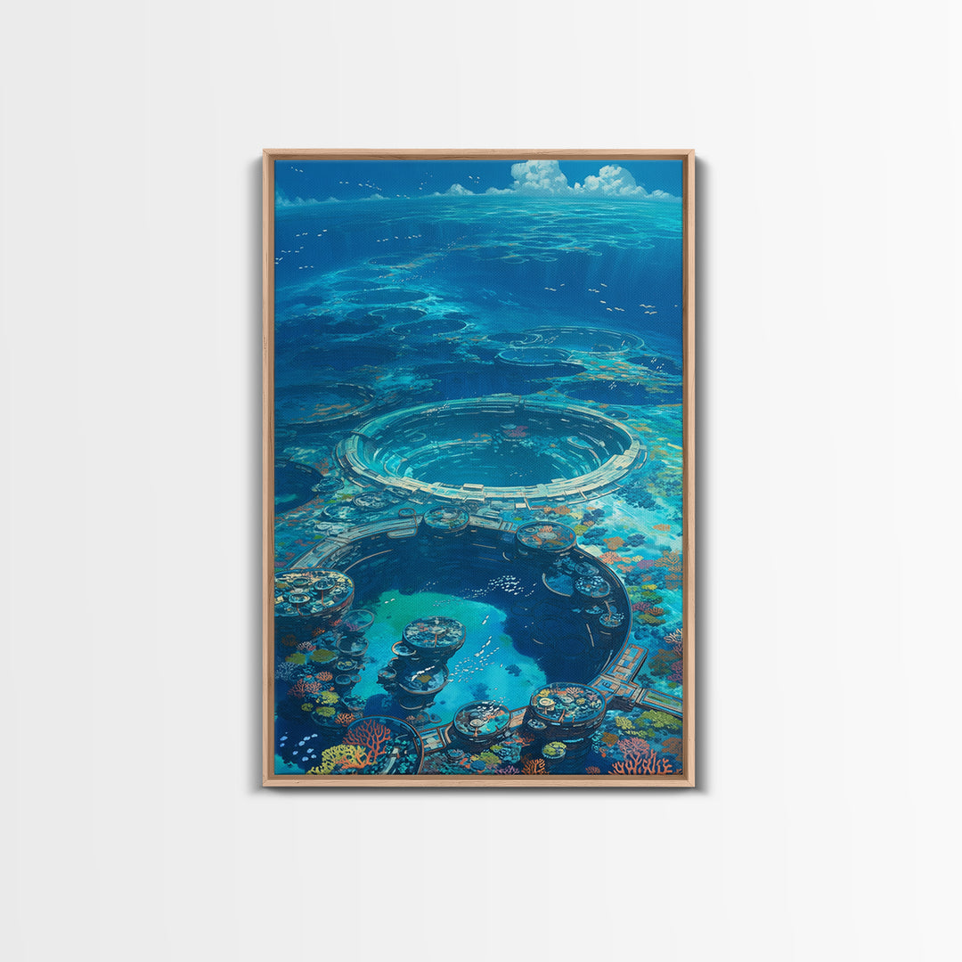 Underwater Ocean City With Coral Reef, Canvas Print, Blue Beach Art, Modern Wall Decor, Living Room Art, Unique Home Decor Gift