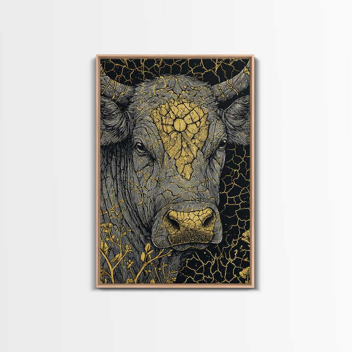 Cracked Gold Bull Portrait With Horns, Framed Canvas Print, Animal Wall Art, Black And Gold Art, Rustic Decor Statement Piece