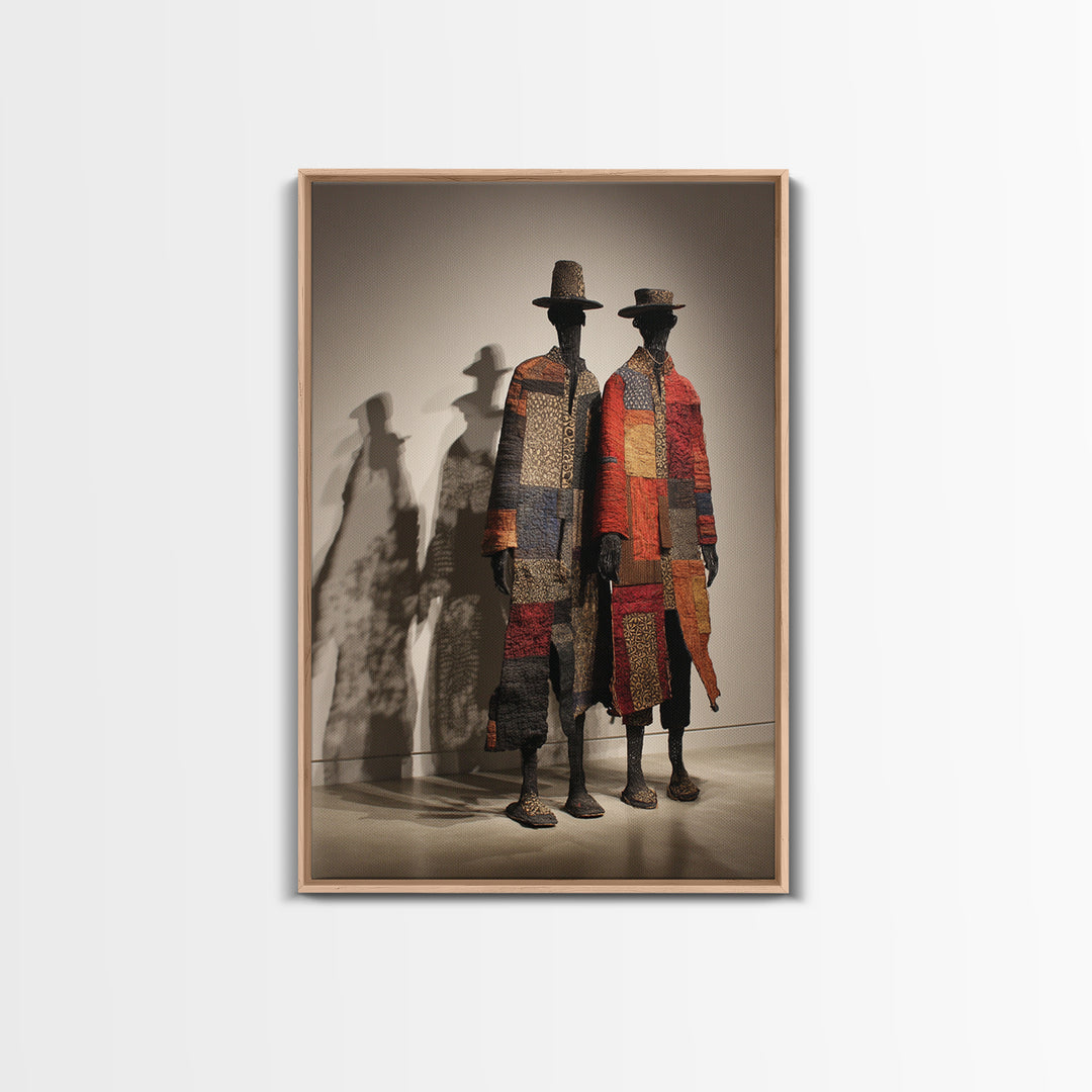 Patchwork African Textile Figures In Hats, Framed Canvas Print, African Art Sculpture, Tribal Decor, Cultural Home Decor Gift