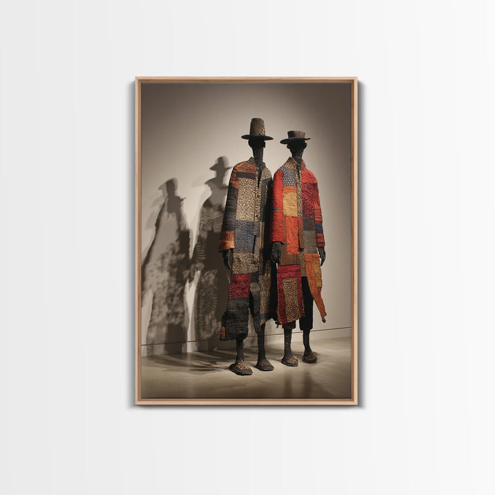 Patchwork African Textile Figures In Hats, Framed Canvas Print, African Art Sculpture, Tribal Decor, Cultural Home Decor Gift
