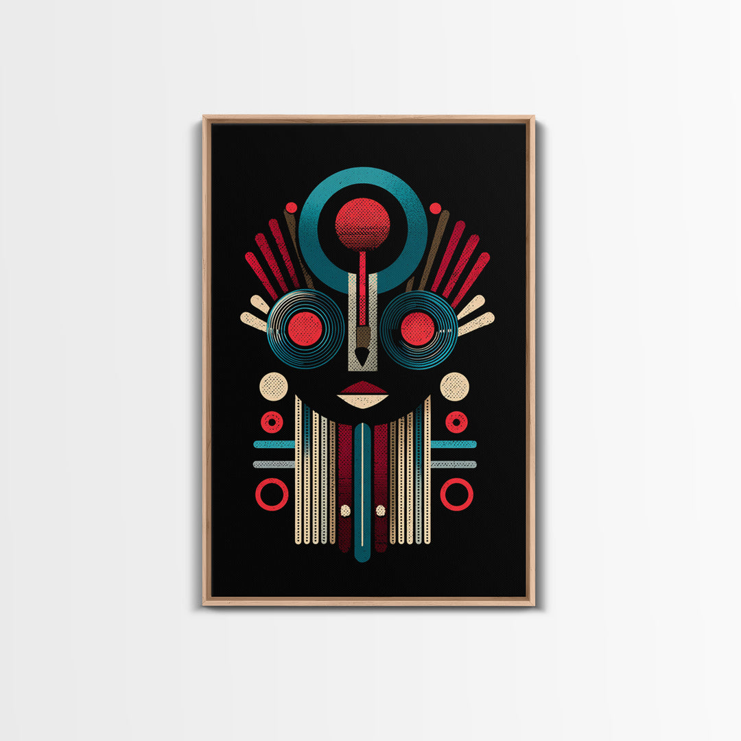 Geometric Tribal Mask In Red And Teal Canvas Print, African Mask Art, Abstract African Art, Afrocentric Wall Home Decor Gift