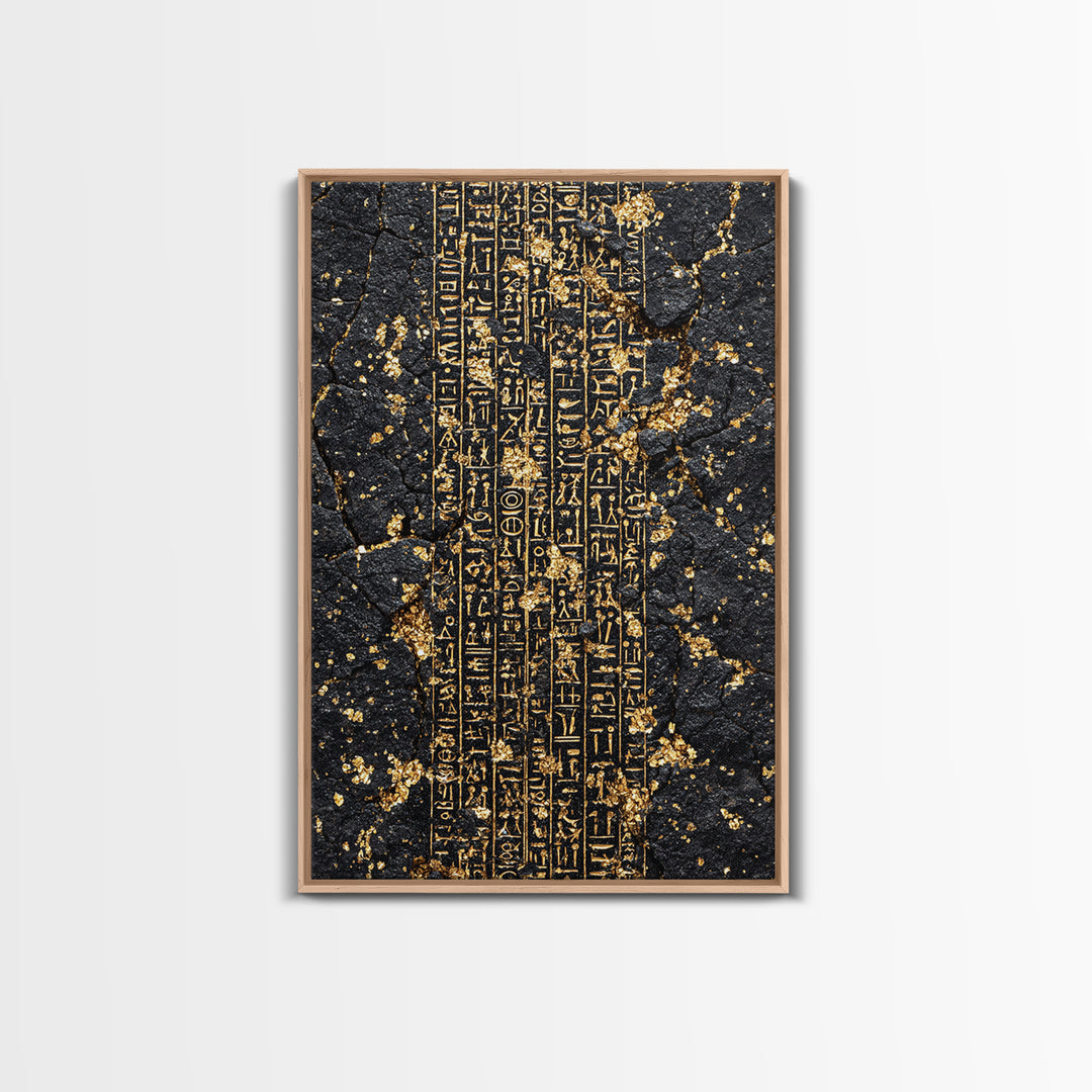 Gold Egyptian Hieroglyphs On Cracked Stone Wall Art, Ancient African Art, Black And Gold Art, Mystical Cultural Decor Gift