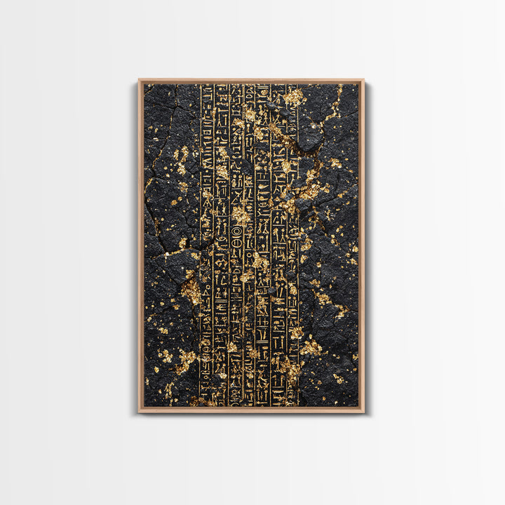 Gold Egyptian Hieroglyphs On Cracked Stone Wall Art, Ancient African Art, Black And Gold Art, Mystical Cultural Decor Gift