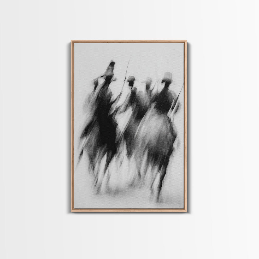 Blurred African Warriors Framed Canvas Print, Tribal Horsemen Wall Decor, Black And White Safari Art, Cultural Home Gift