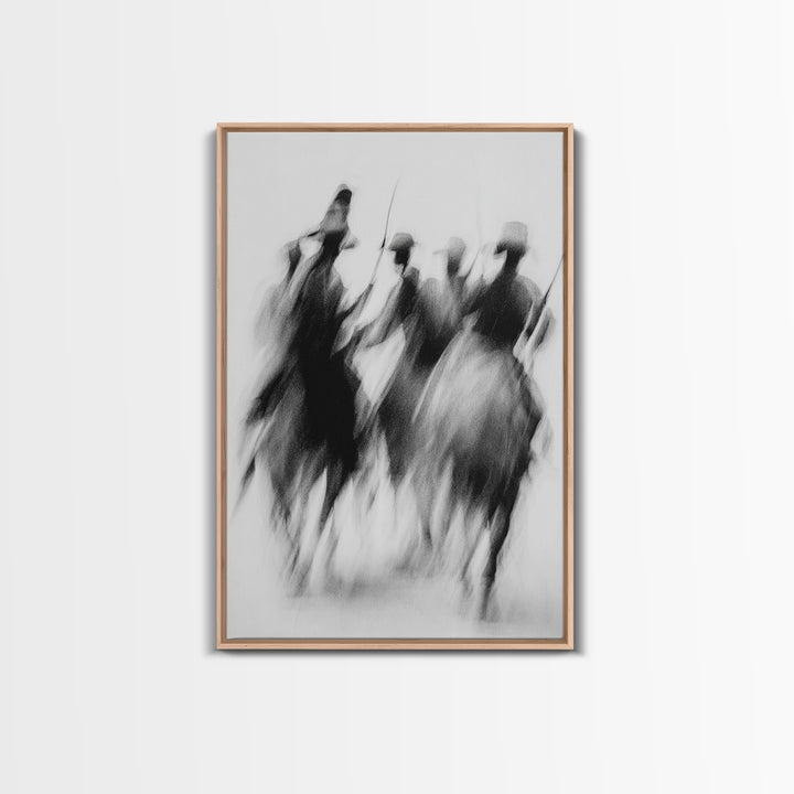 Blurred African Warriors Framed Canvas Print, Tribal Horsemen Wall Decor, Black And White Safari Art, Cultural Home Gift