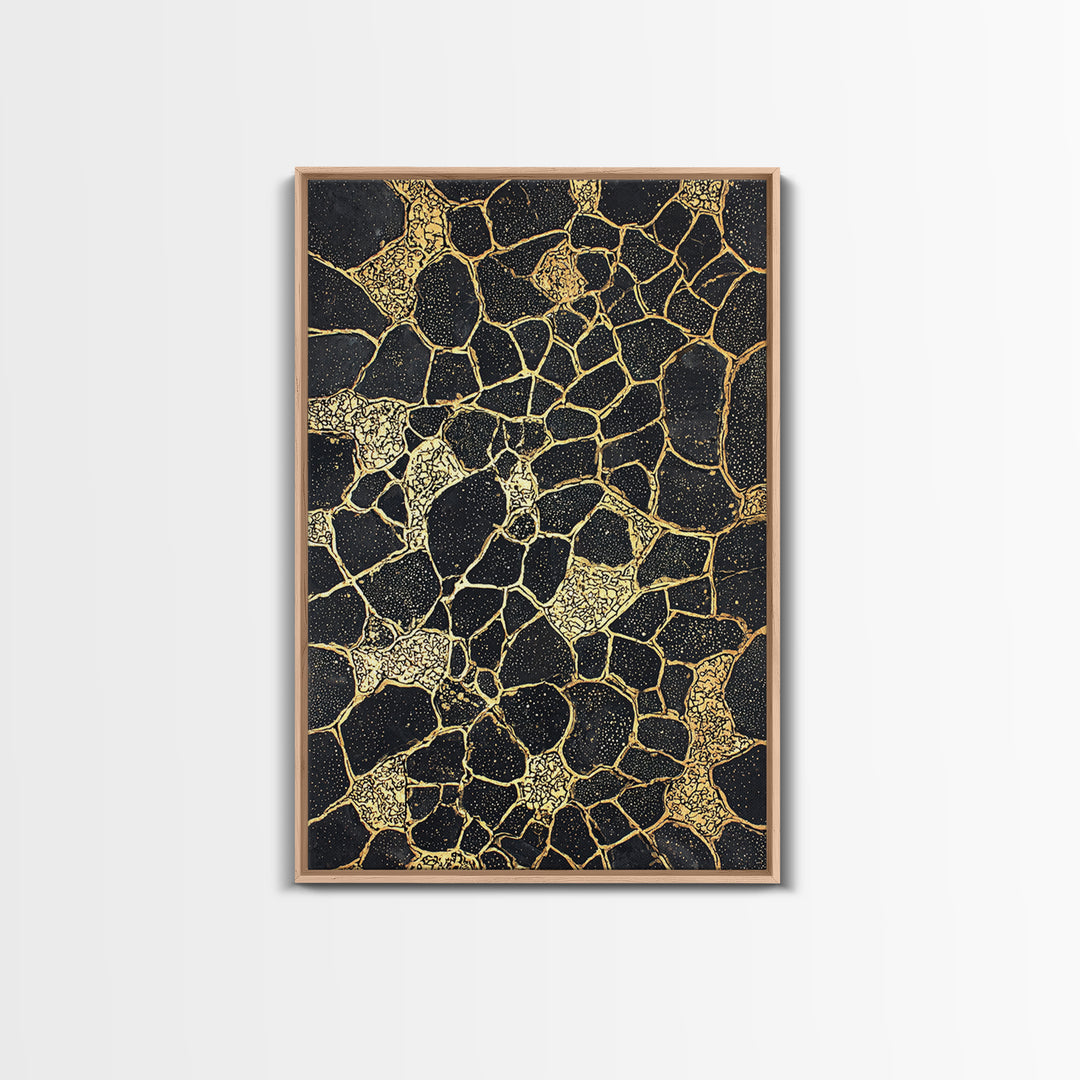 Black Gold Abstract Wall Art, Kintsugi Inspired Pattern Canvas, Luxury Modern Decor, Geometric Texture Print, Stylish Home Gift