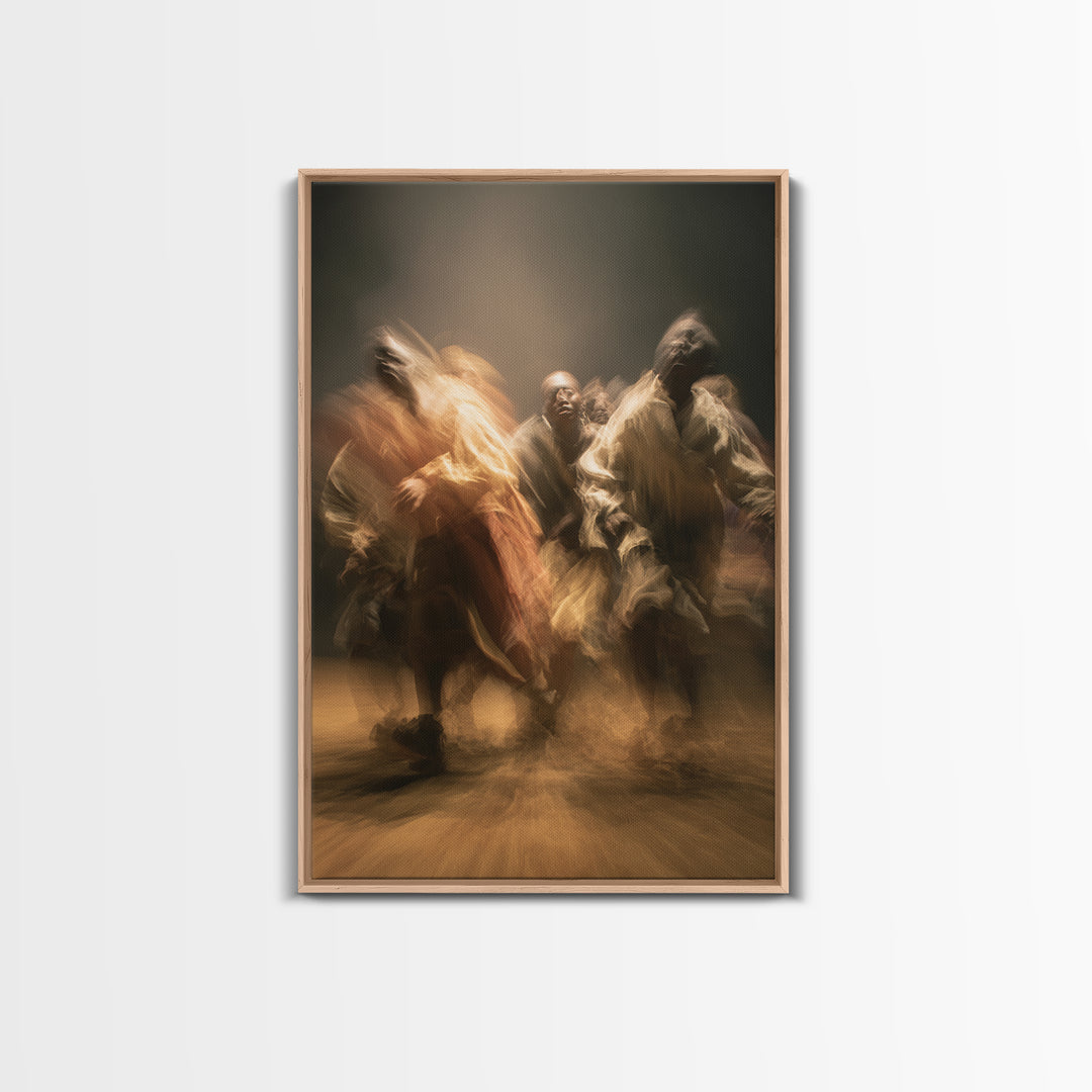 Golden African Dancers Framed Canvas Print, Expressive Motion Painting, Afrocentric Cultural Wall Decor, Dramatic Home Gift