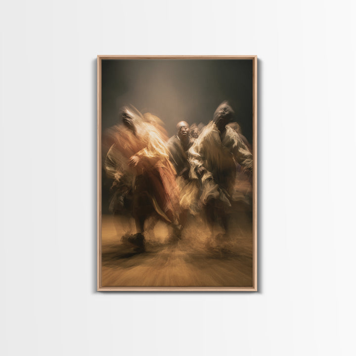 Golden African Dancers Framed Canvas Print, Expressive Motion Painting, Afrocentric Cultural Wall Decor, Dramatic Home Gift