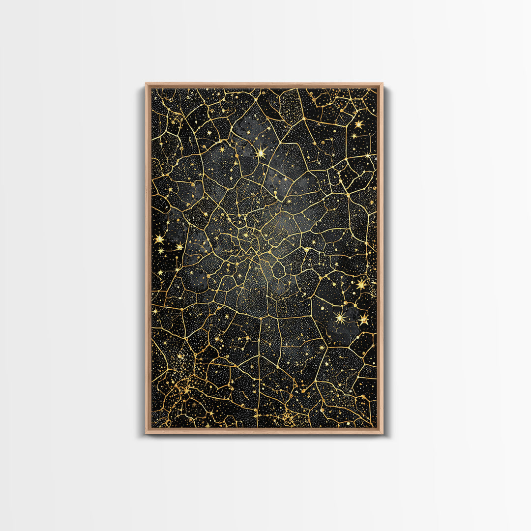 Black And Gold Celestial Crackle Pattern, Abstract Wall Art, Luxury Canvas Print, Geometric Home Decor, Starry Art, Modern Black Decor
