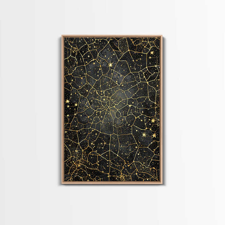 Black And Gold Celestial Crackle Pattern, Abstract Wall Art, Luxury Canvas Print, Geometric Home Decor, Starry Art, Modern Black Decor
