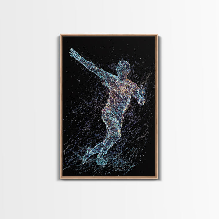 Glowing Soccer Player In Motion, Black Wall Art, Modern Canvas Print, Athletic Sports Decor, Futuristic Digital Art Gift