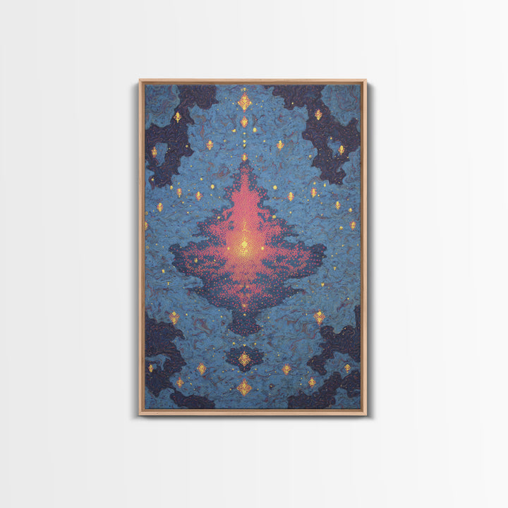 Blue Pink Glowing Mandala Reflection, Abstract Wall Art, Modern Canvas Print, Spiritual Meditation Room Decor, Colorful Gift