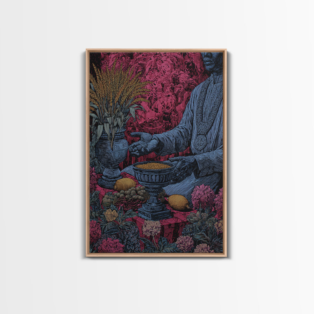 Floral Ritual Still Life With Reaching Hand, Cultural Wall Art, Framed Canvas Print, Afrocentric Ceremony Home Decor Gift