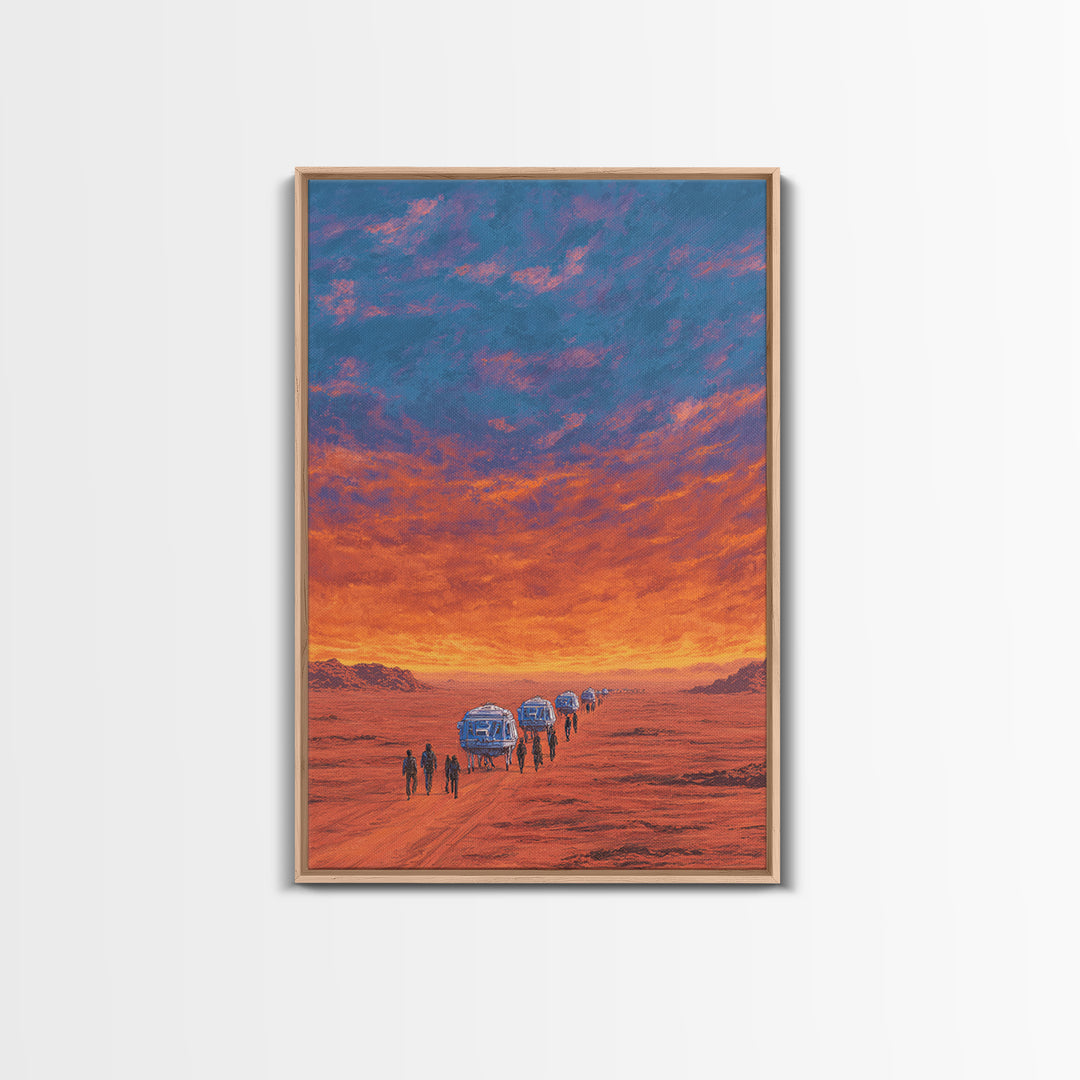Futuristic Desert Convoy At Sunset Wall Art, Orange Sci Fi Landscape, Mars Travel Poster, Modern Canvas Statement Decor Gift