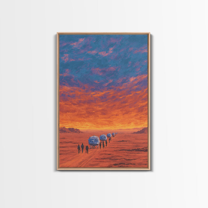 Futuristic Desert Convoy At Sunset Wall Art, Orange Sci Fi Landscape, Mars Travel Poster, Modern Canvas Statement Decor Gift