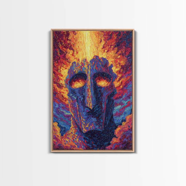Fiery African Mask Canvas Print, Abstract Tribal Face Painting, Afrocentric Wall Decor, Modern Colorful African Art Gift