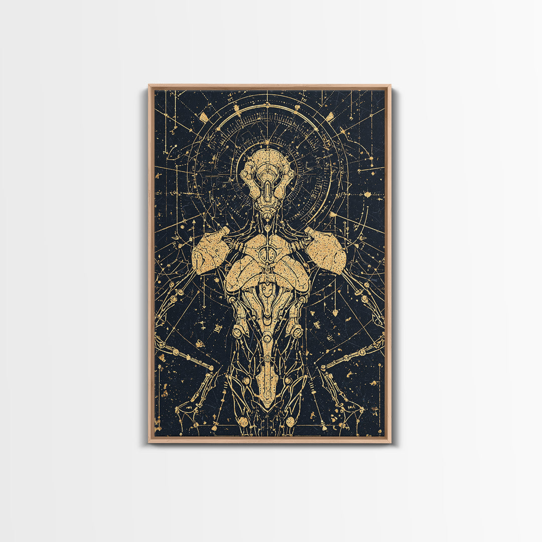Gold Celestial Cyborg Blueprint Canvas Print, Afrofuturism Wall Decor, Sacred Geometry Robot Art, Modern Black And Gold Decor