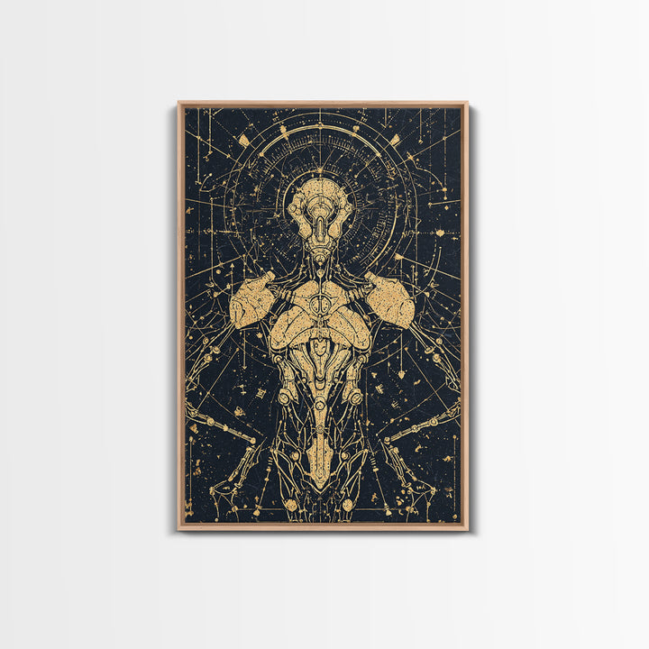 Gold Celestial Cyborg Blueprint Canvas Print, Afrofuturism Wall Decor, Sacred Geometry Robot Art, Modern Black And Gold Decor