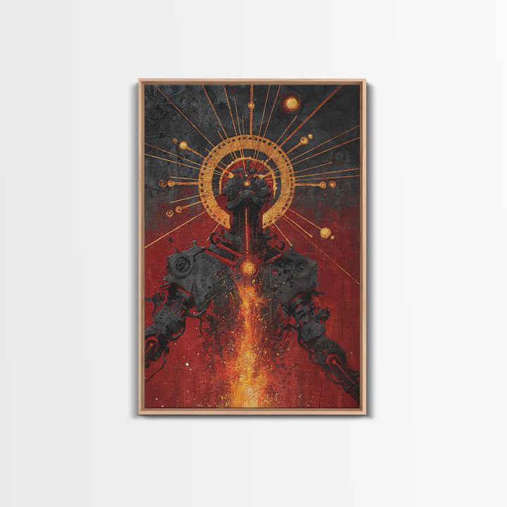 Black Android With Golden Halo Framed Canvas Print, Afrofuturism Wall Art, Red Fire Robot Portrait, Spiritual Decor Gift