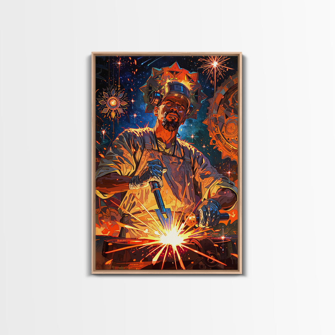Regal Black Welder Forging Sparks Wall Art, Afrocentric Industrial Portrait, Black Man Art, Modern African Art Decor Gift