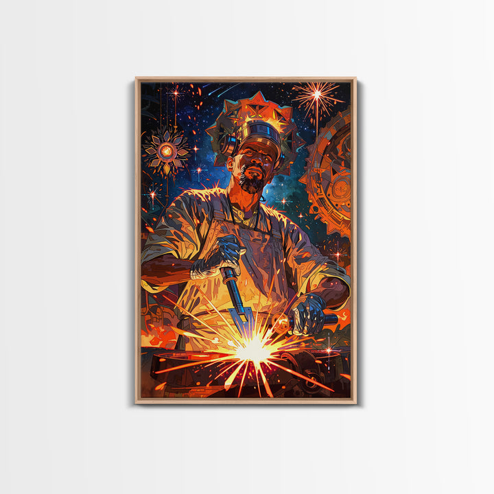 Regal Black Welder Forging Sparks Wall Art, Afrocentric Industrial Portrait, Black Man Art, Modern African Art Decor Gift