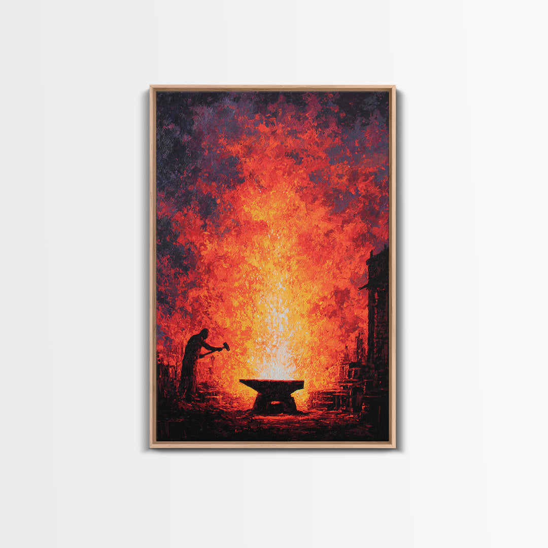 Lone Blacksmith Before Blazing Forge Wall Art, Fiery African Inspired Painting, Rustic Industrial Home Decor Gift For Him