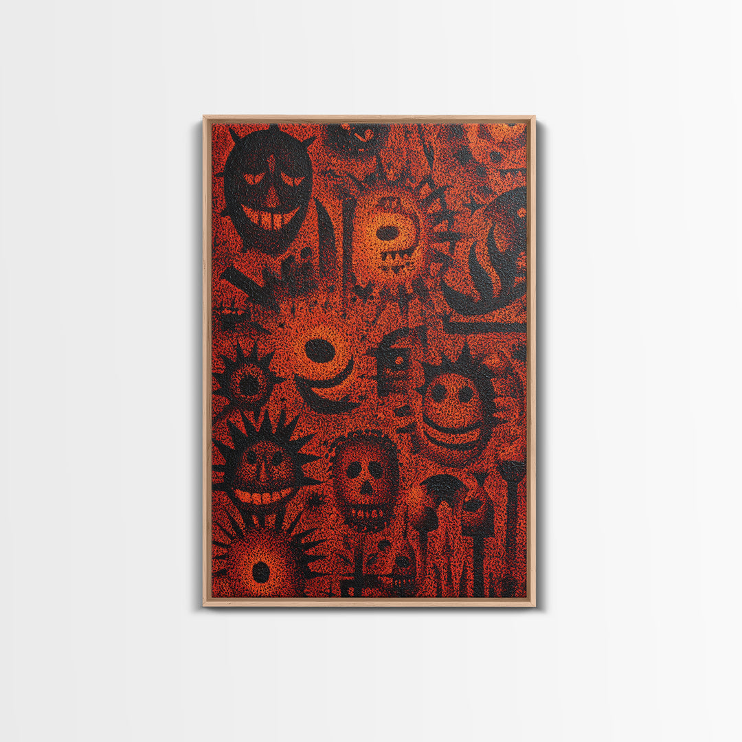 Orange African Mask Pattern Canvas Print, Tribal Symbols Abstract Wall Decor, Afrocentric Art, Cultural Home Decor Gift Idea