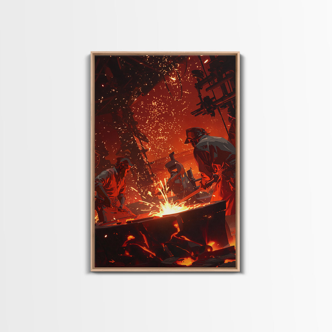Two Foundry Workers Amid Sparks Framed Canvas Print, Fiery Industrial Wall Art, African Inspired Workshop Decor For Him Gift