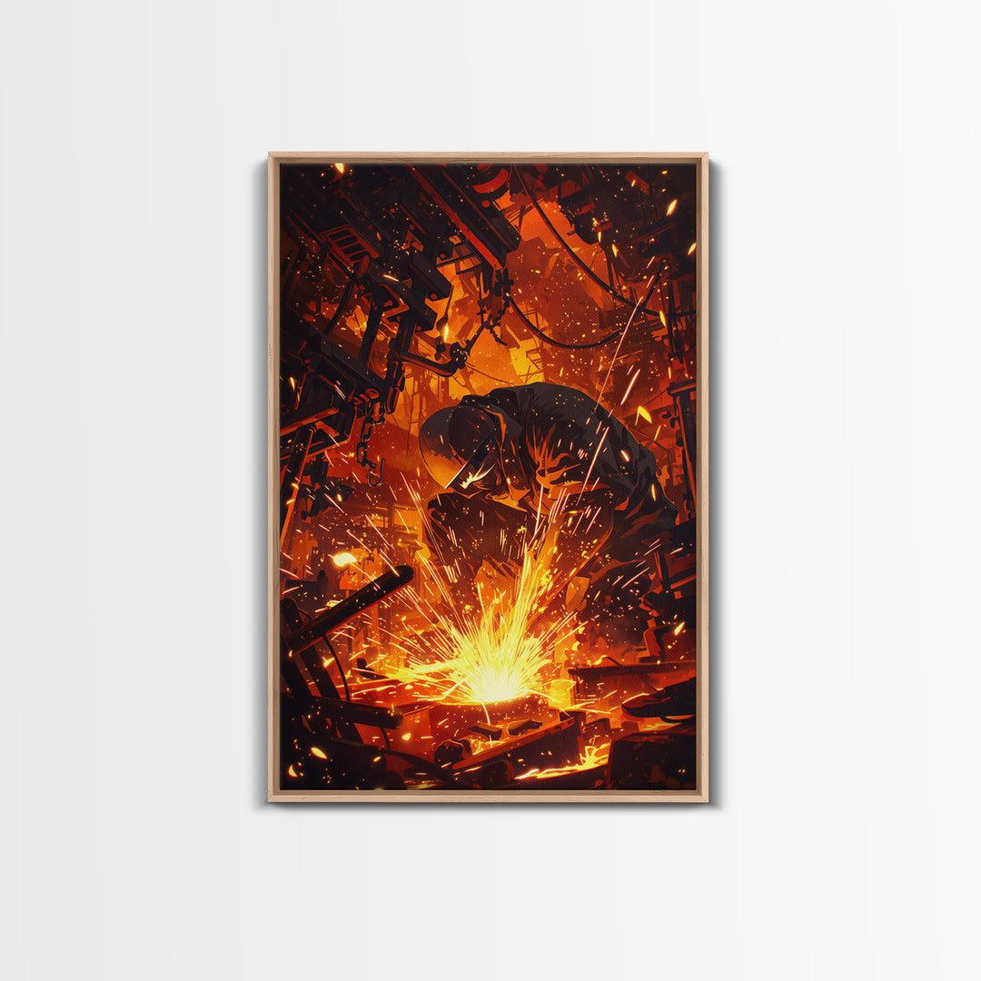 Crouching Welder In Fiery Workshop Canvas Print, Industrial Black Art, Orange Sparks Wall Decor, Unique Home Decor Gift Idea
