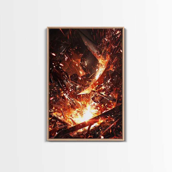 Close Up Welding Sparks And Metal Framed Canvas Print, Dark Industrial Wall Art, Blacksmith Workshop Home Decor Gift For Him