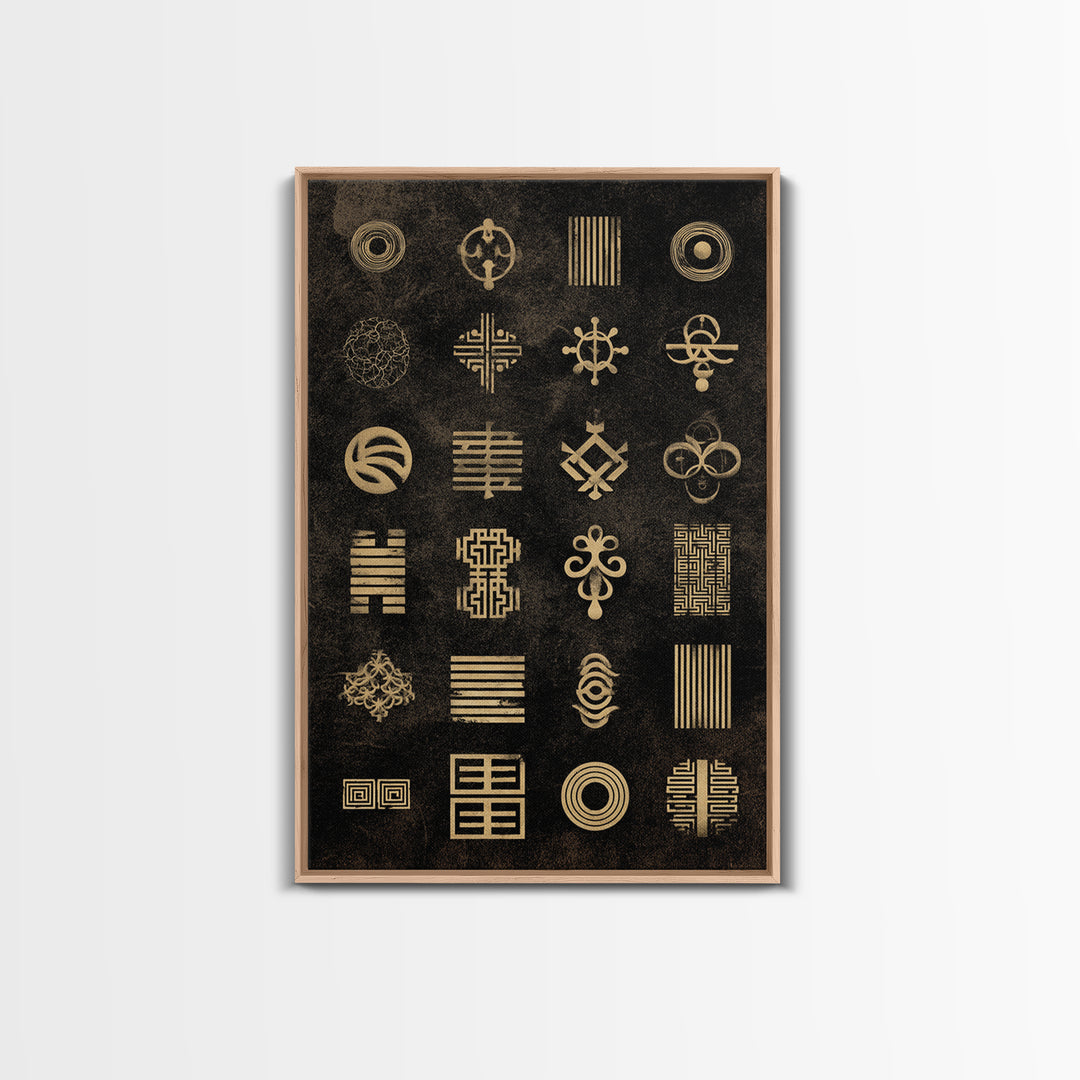 Gold African Adinkra Symbols Wall Art, Geometric Tribal Pattern, Black And Gold Art, Afrocentric Cultural Decor Gift Idea