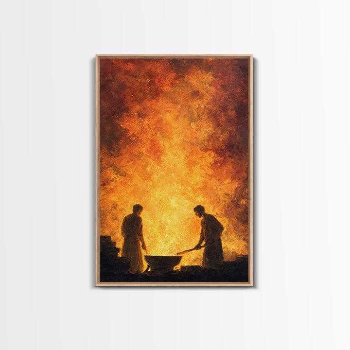Two Blacksmiths Tending Glowing Forge Wall Art, Fiery African Inspired Painting, Rustic Workshop Home Decor Gift For Him