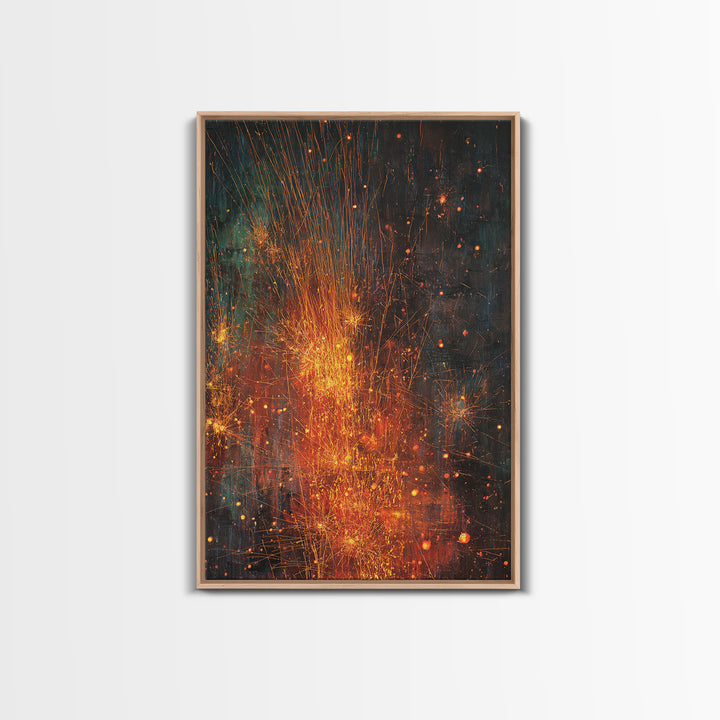 Abstract Fire Sparks Texture Canvas Print, Orange Black Industrial Wall Art, Modern Abstract Art, Unique Home Decor Gift