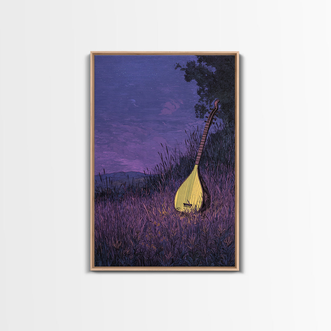 Glowing Kora In Purple Grass Wall Art, African Music Night Scene, Afrocentric Decor, Dreamy Cultural Canvas Print, Gift For Music Lovers
