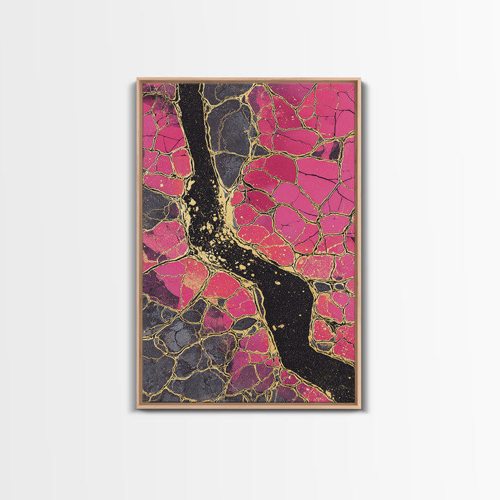 Pink Gold Kintsugi Abstract Wall Art, Cracked Stone Texture Painting, Modern Geometric Decor, Bold Contemporary Canvas Print