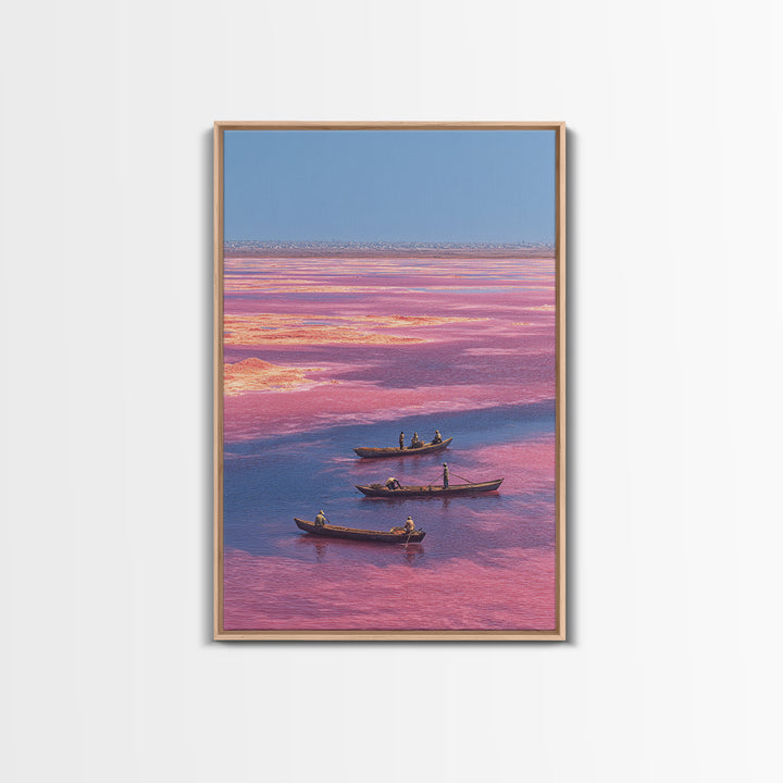 Pink Lake Boats African Landscape Wall Art, Senegal Salt Flats Canvas Print, Travel Decor, Serene Coastal Unique Artwork Gift
